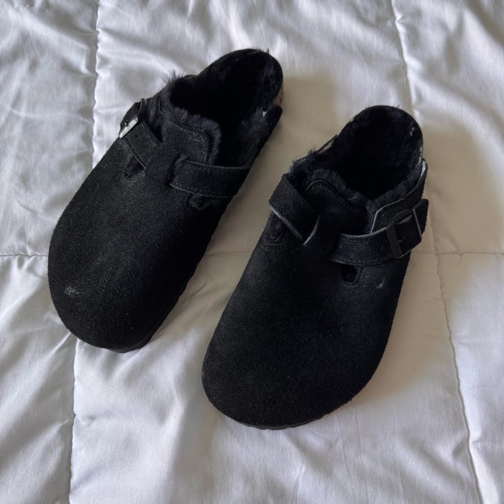 Birkenstock Boston Shearling Suede Leather Clogs - Picture 2 of 4